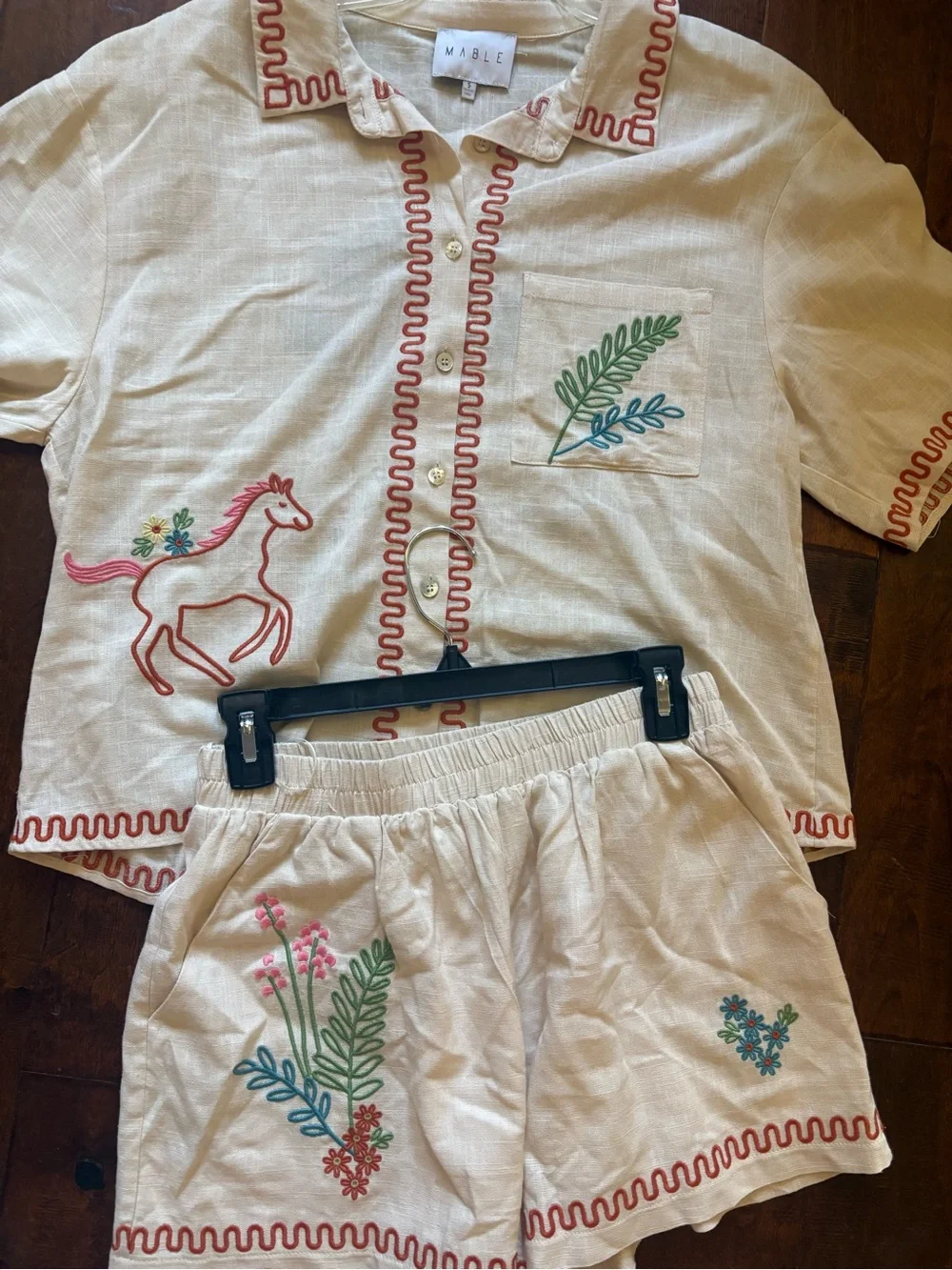 MARBLE Cream Embroidered Kids Pajama Set with Floral & Horse Motifs